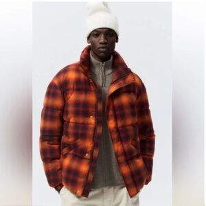 Zara Jacket Mens Plaid Puffer Flannel Orange Black, Red, Street Wear Y2K M